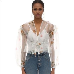 Aeryne Elsa Blouse Organza Floral White Sheer Blouse Cardigan Designed in Paris